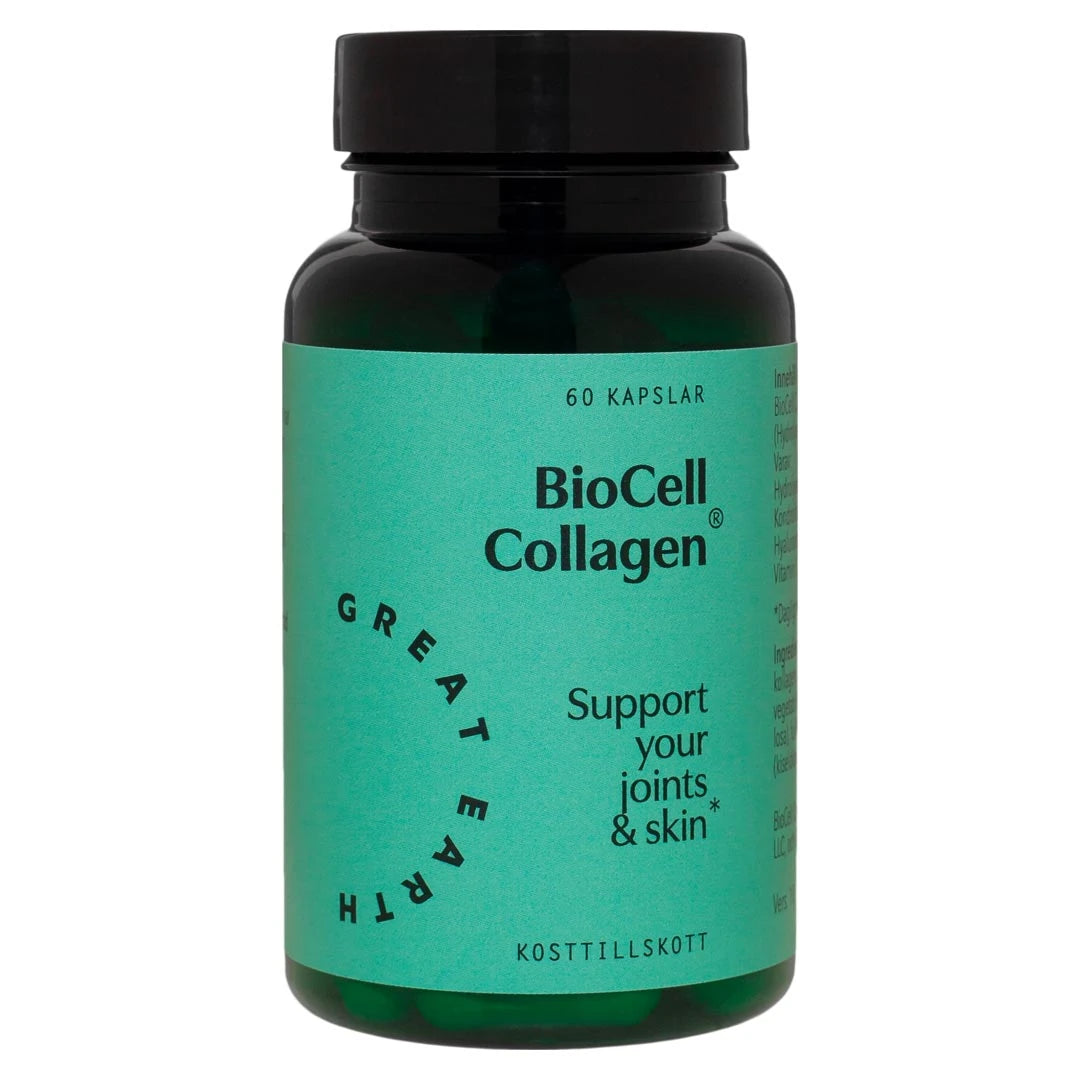 Great Earth BioCell Collagen 60 caps kosttilskudd i en mørk boks med grønn etikett.