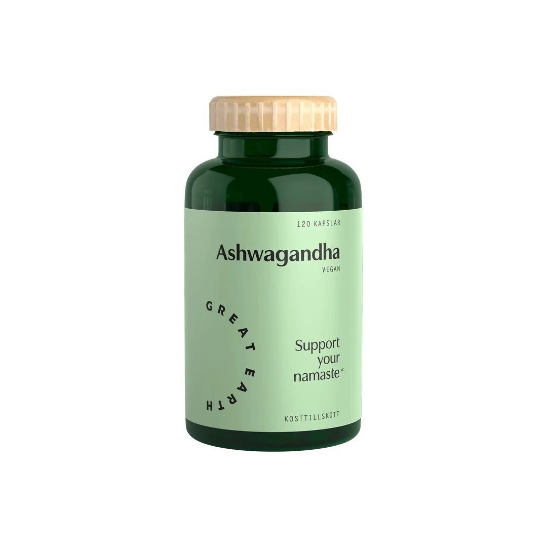 Great Earth Ashwagandha 120 caps i en mørkegrønn boks med lysegrønn etikett og et lyst trefarget lokk.