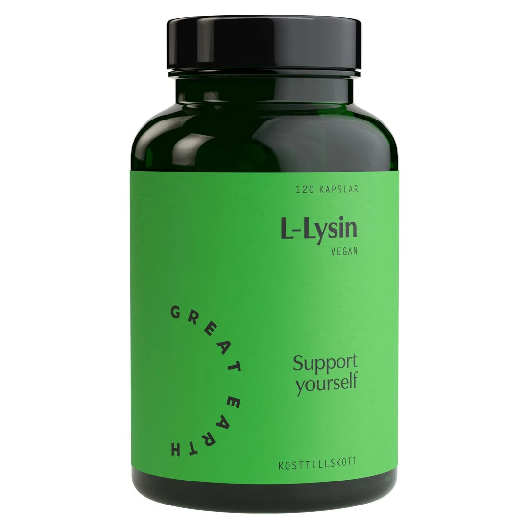 Great Earth L-Lysin 120 caps, et vegansk kosttilskudd i en mørkegrønn boks med lysegrønn etikett og svart lokk.