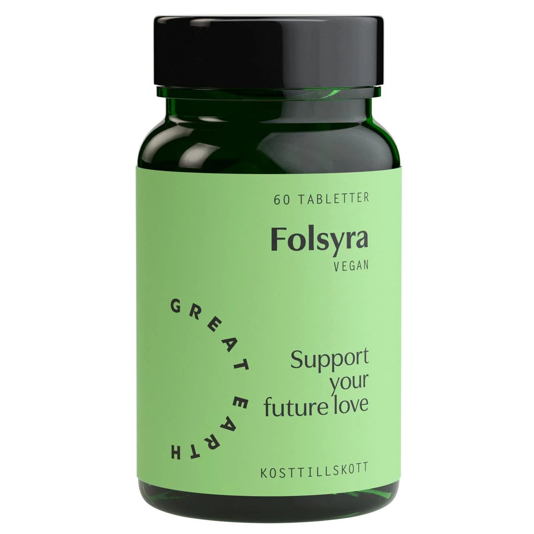 Great Earth Folsyra 60 tabs kosttilskudd pakket i en mørkegrønn boks med svart lokk og lysegrønn etikett.