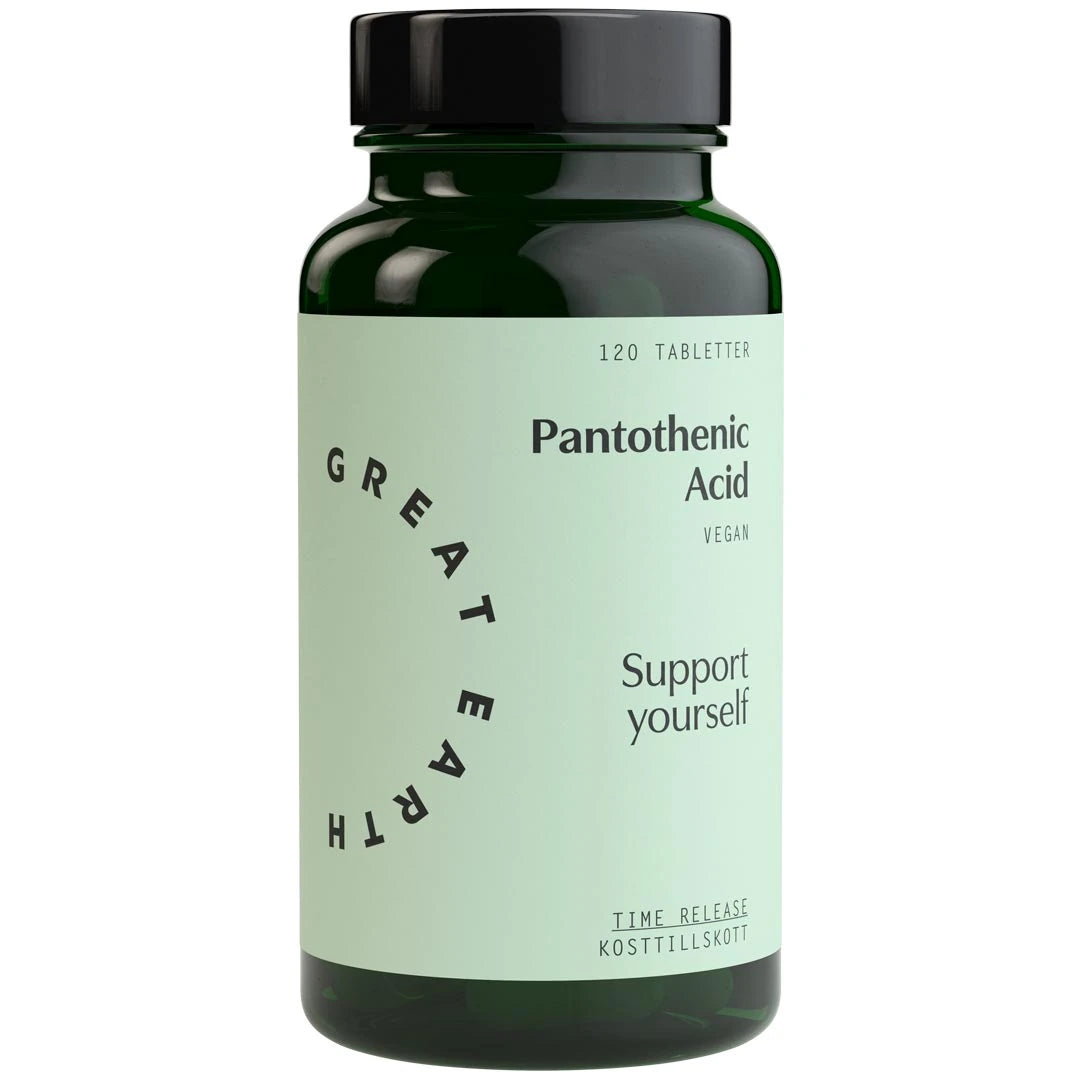 Great Earth Pantothenic Acid 120 tabs i en mørkegrønn boks med lysegrønn etikett og svart tekst.