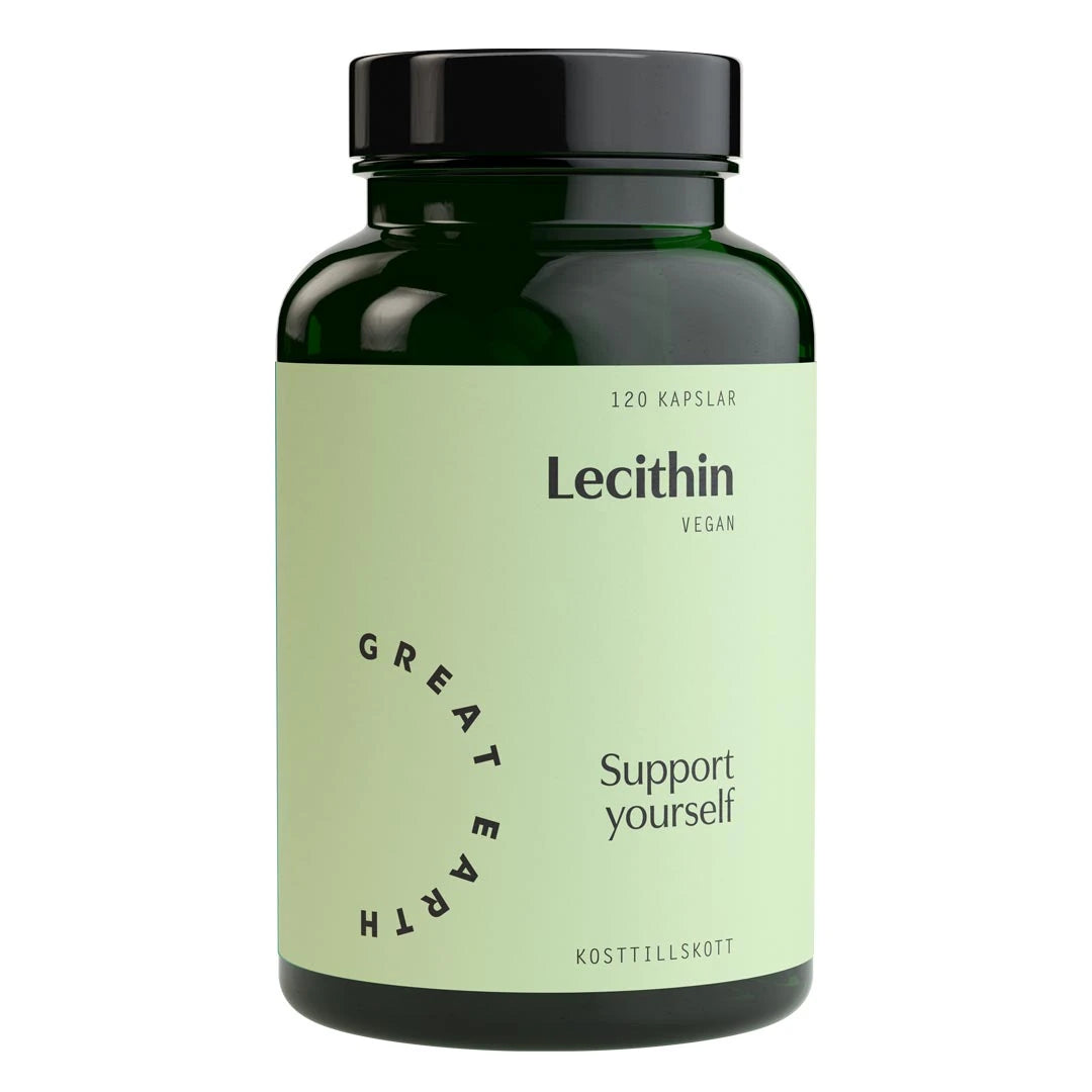 Great Earth Lecithin 120 caps vegansk kosttilskudd i en mørkegrønn boks med lysegrønn etikett.