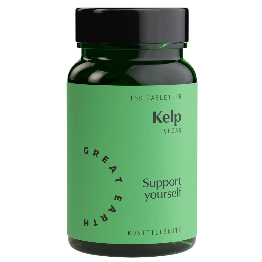 Great Earth Kelp 150 tabs vegansk kosttilskudd i en mørkegrønn boks med svart lokk og lysegrønn etikett.