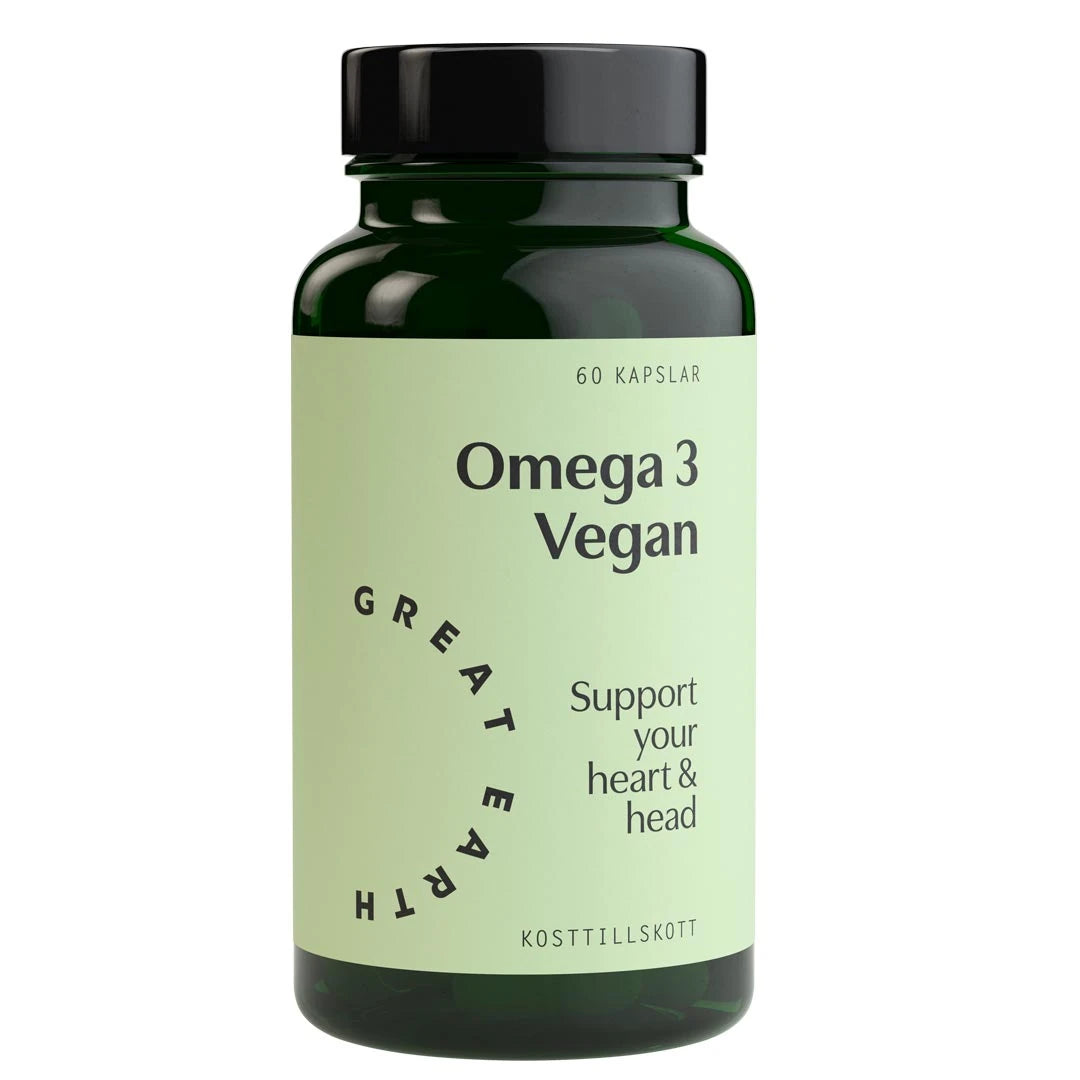 Great Earth Omega 3 Vegan 60 caps i en mørkegrønn boks med lysegrønn etikett og svart tekst.