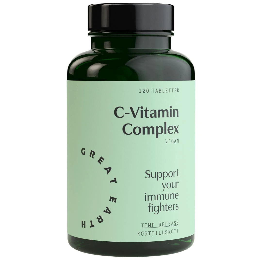 Great Earth C-Vitamin Complex 120 tabs i en mørkegrønn plastboks med lysegrønn etikett og svart lokk.