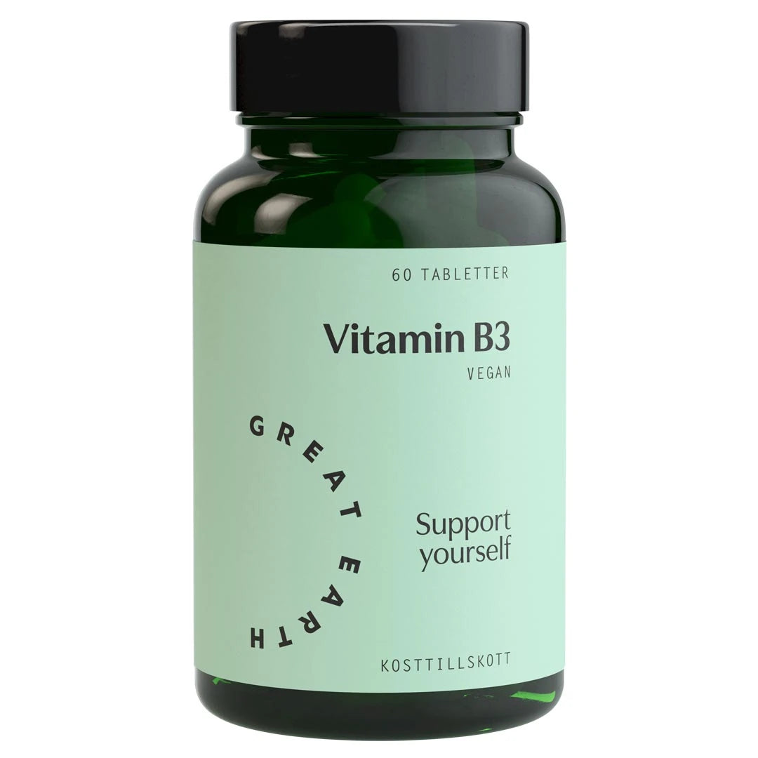 Great Earth Vitamin B3 60 tabs i en mørkegrønn boks med lysegrønn etikett og svart lokk.