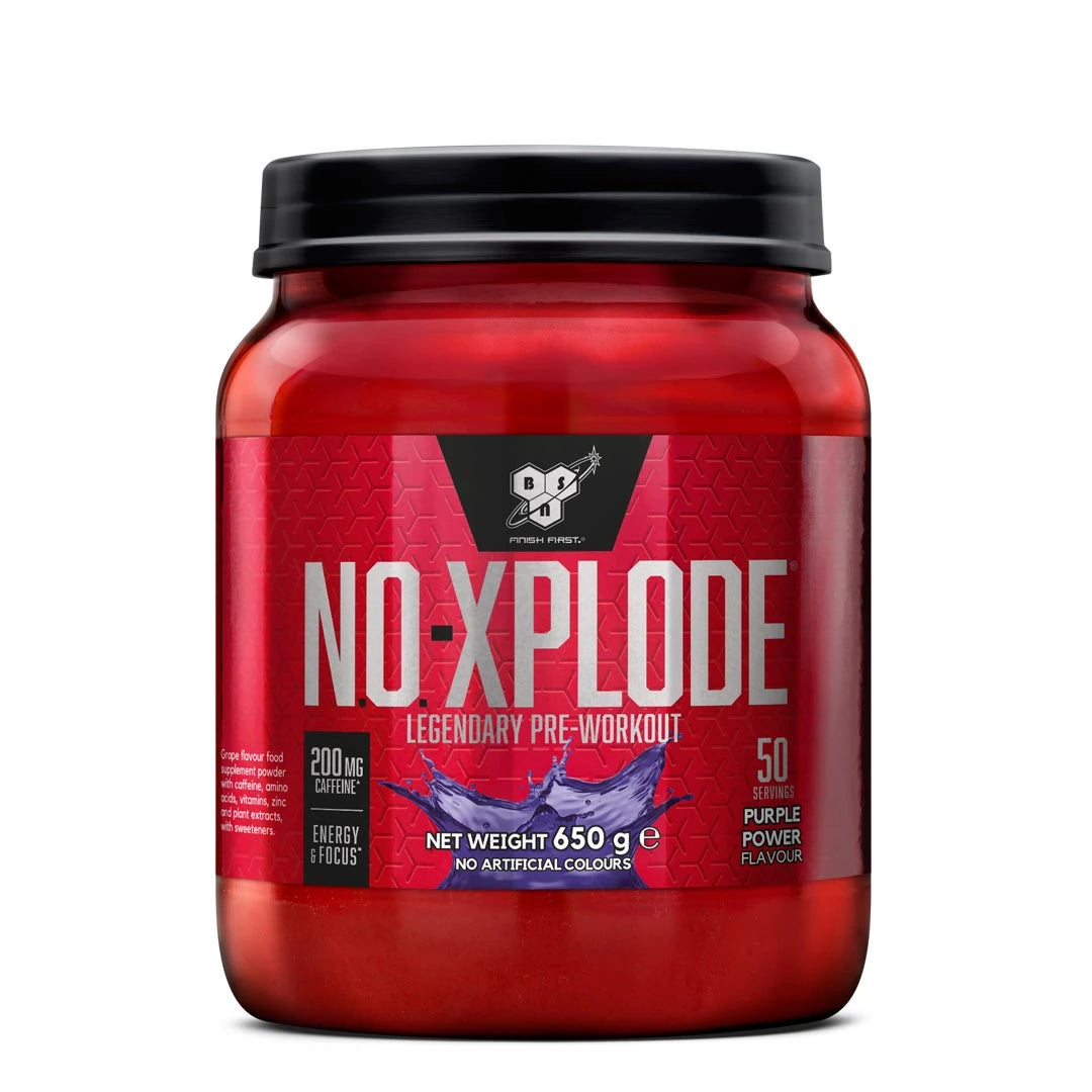 BSN N.O. Xplode Legendary 650 g PWO-pulver i en rød boks med svart lokk og smaken Purple Power.