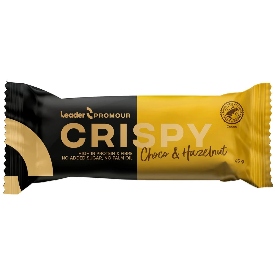 Leader Promour Crispy 45 g proteinbar i en svart og gullfarget forpakning med smaken Choco & Hazelnut.