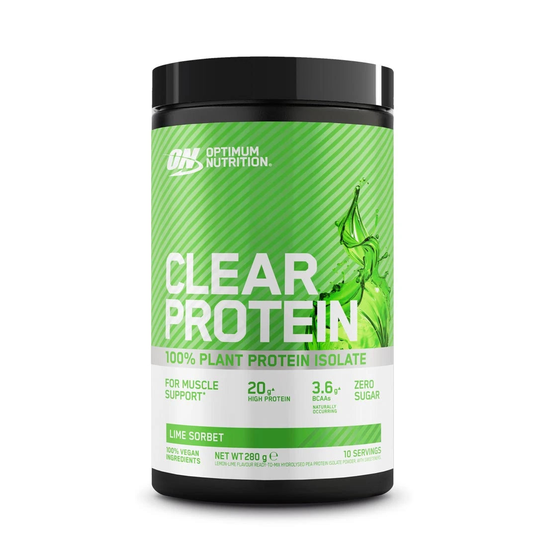 Optimum Nutrition Clear Protein 100% Plant Protein Isolate 280 g i en svart boks med grønn etikett for smaken Lime Sorbet.