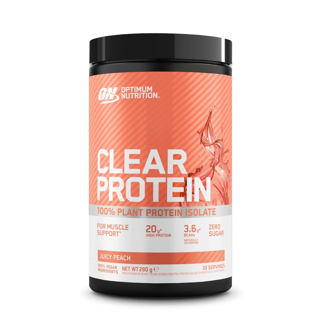 Optimum Nutrition Clear Protein 100% Plant Protein Isolate 280 g i svart boks med ferskenfarget etikett, smak Juicy Peach.