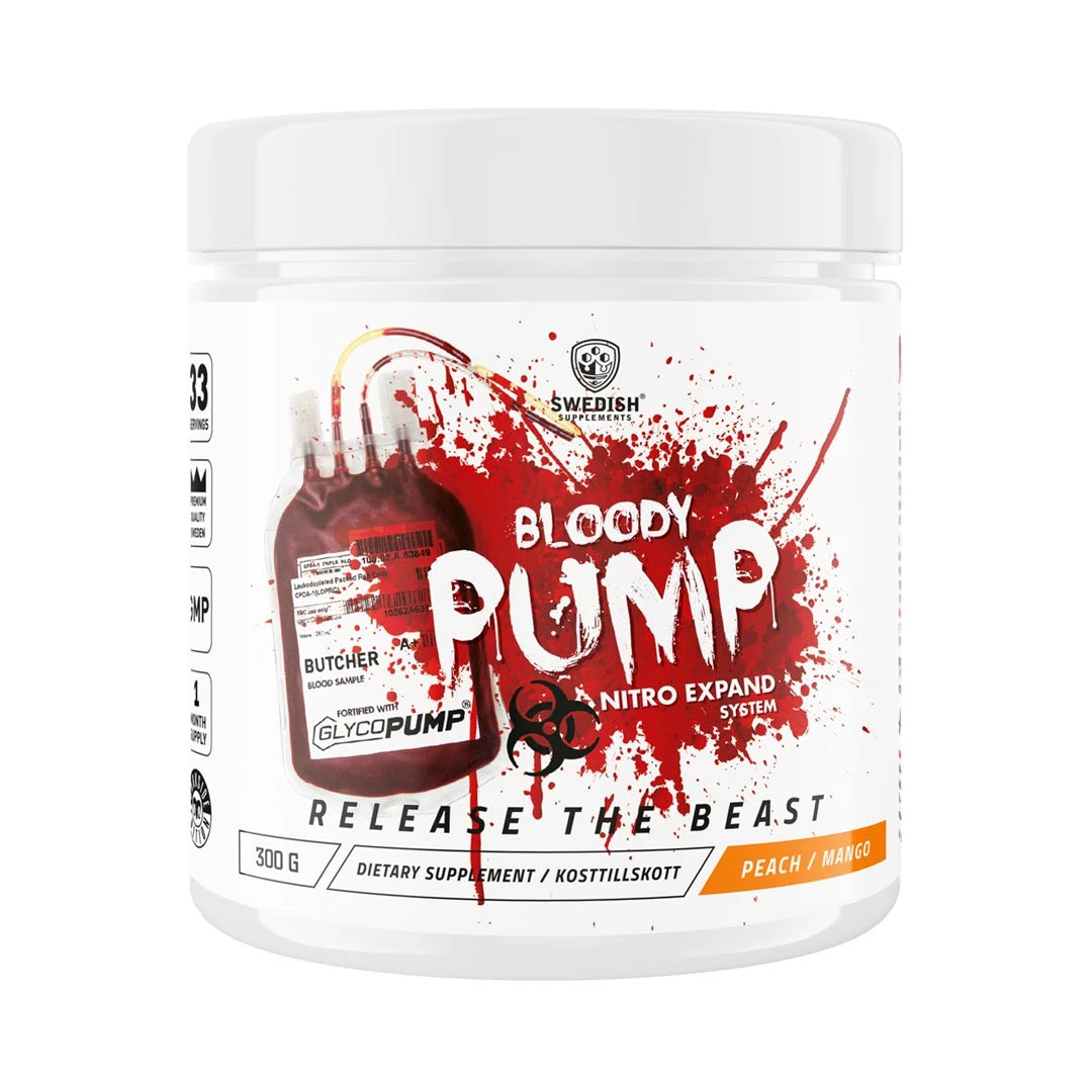 Swedish Supplements Bloody Pump 300 g pre-workout pulver i en hvit boks med rød grafikk og smak av Peach Mango.
