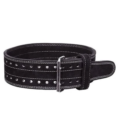 C.P. Sports Powerlifting Belt Black, et svart treningsbelte i semsket skinn med doble rader hull og spenne.