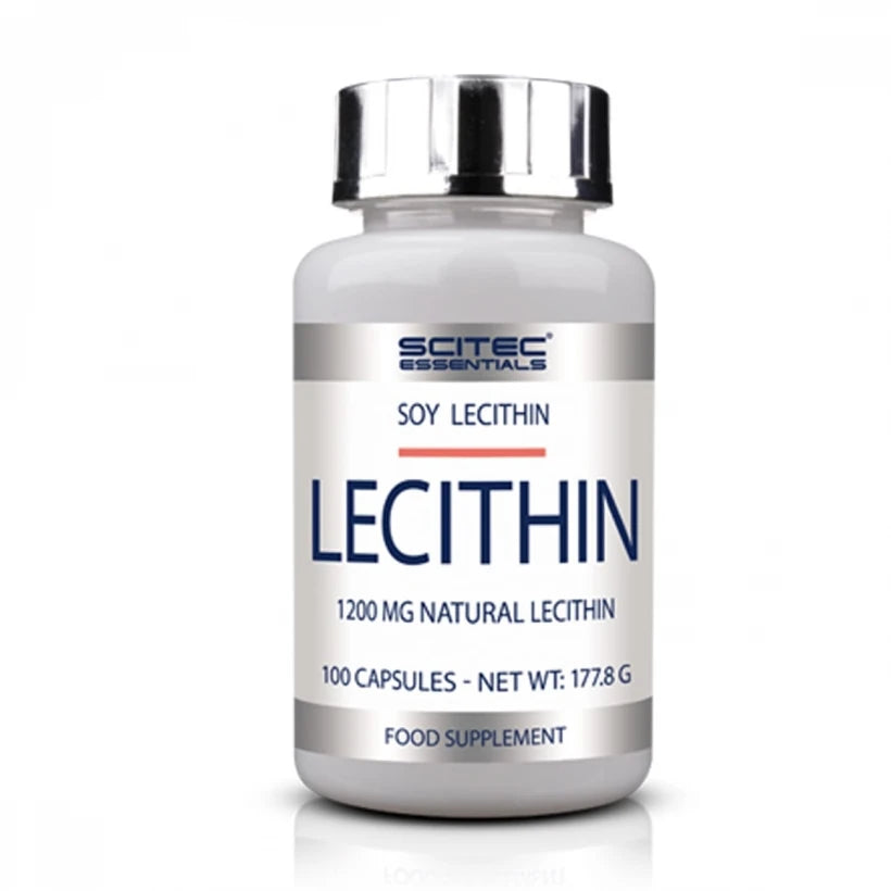 Scitec Nutrition Lecithin 100 caps i en hvit boks med sølvfarget lokk og tydelig blå tekst.