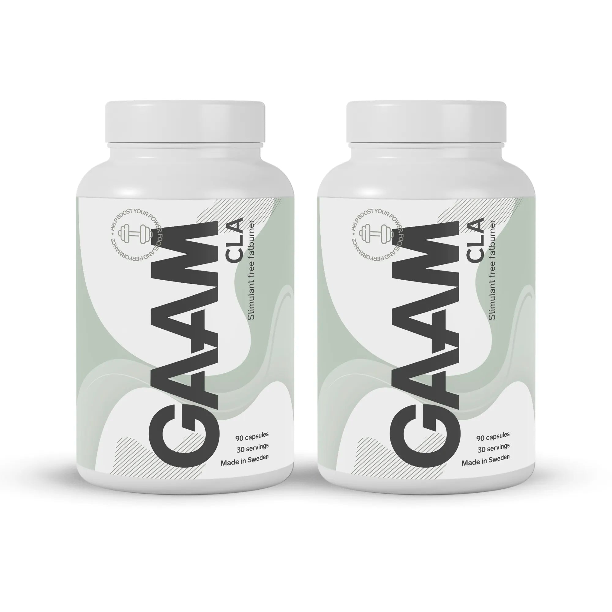 2 x GAAM CLA 90 caps i to hvite bokser med svarte og lysegrønne detaljer.