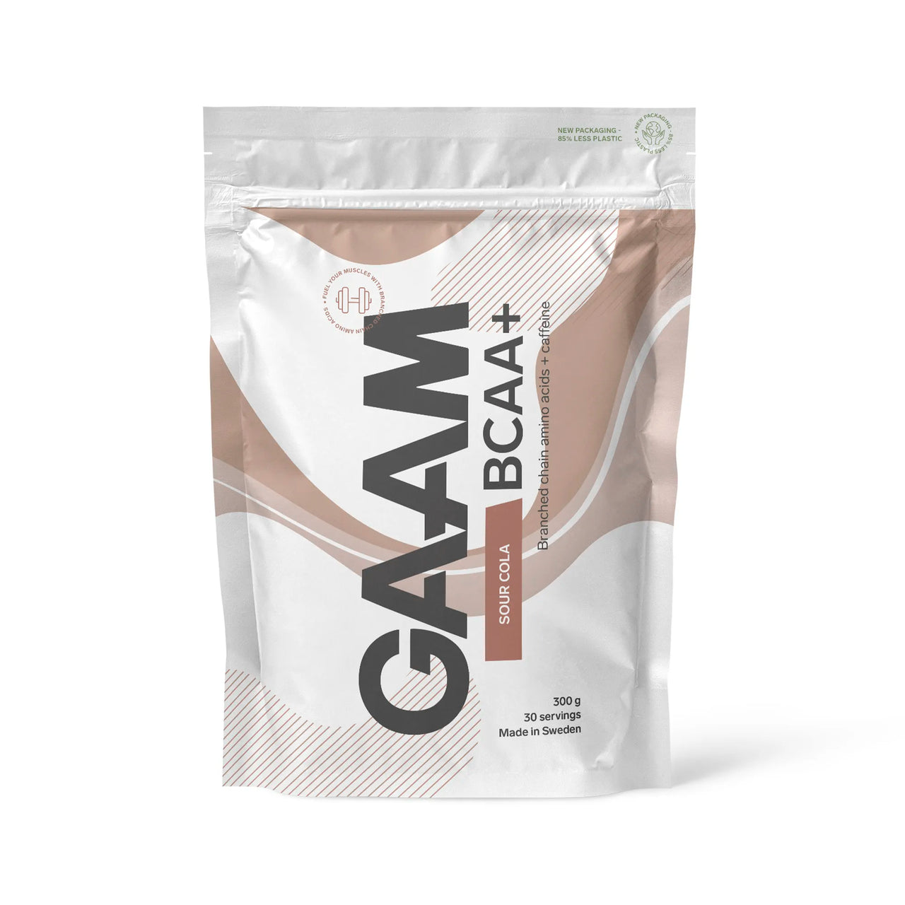GAAM BCAA + Caffeine 300 g aminosyrepulver i en hvit pose med brune detaljer for smaken Sour Cola.