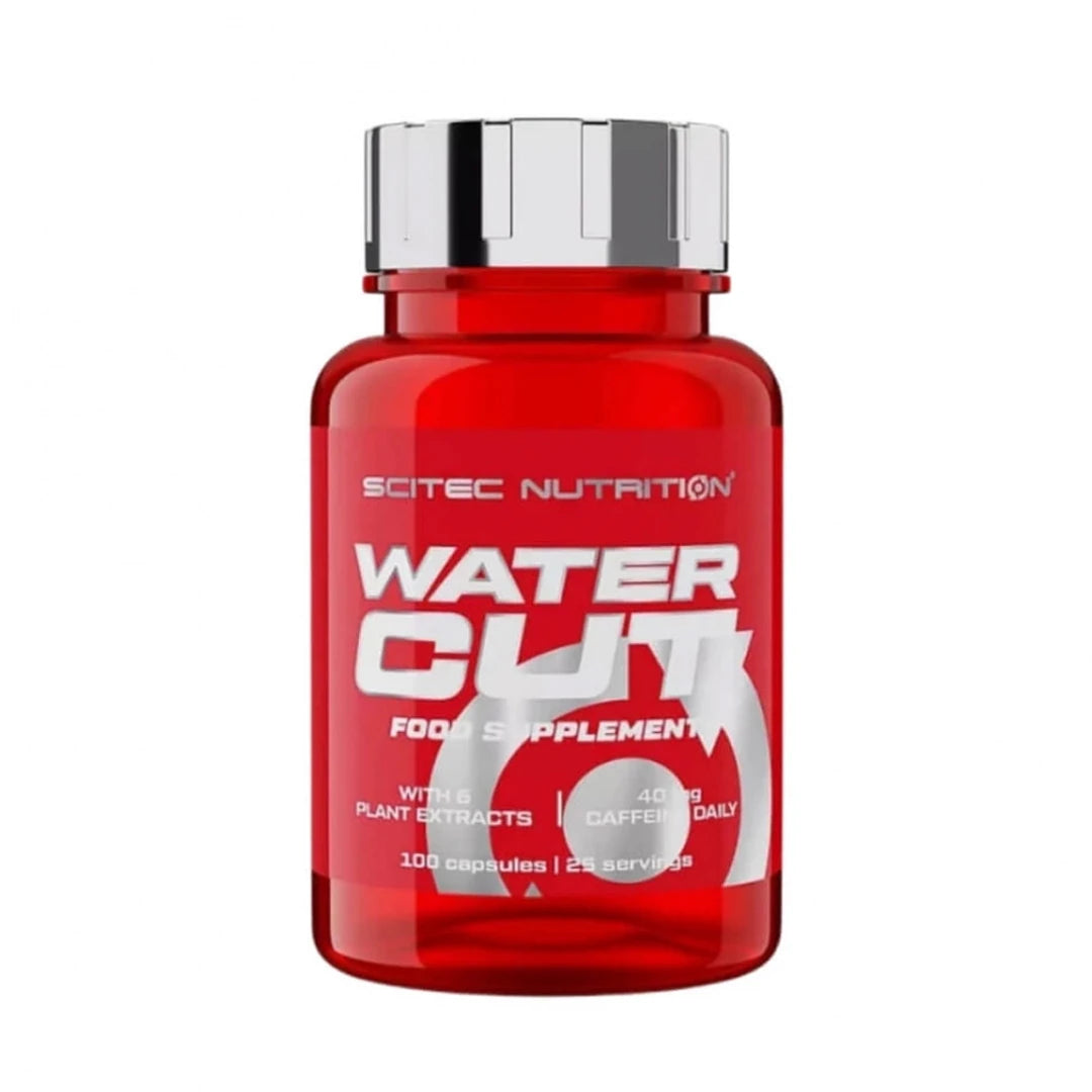 Scitec Nutrition Water Cut 100 caps vanndrivende kosttilskudd i en rød boks med sølvlokk.