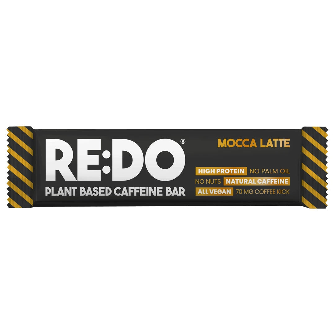 REDO Koffein Bar 60 g i en svart emballasje med gule detaljer og smaken Mocca Latte.