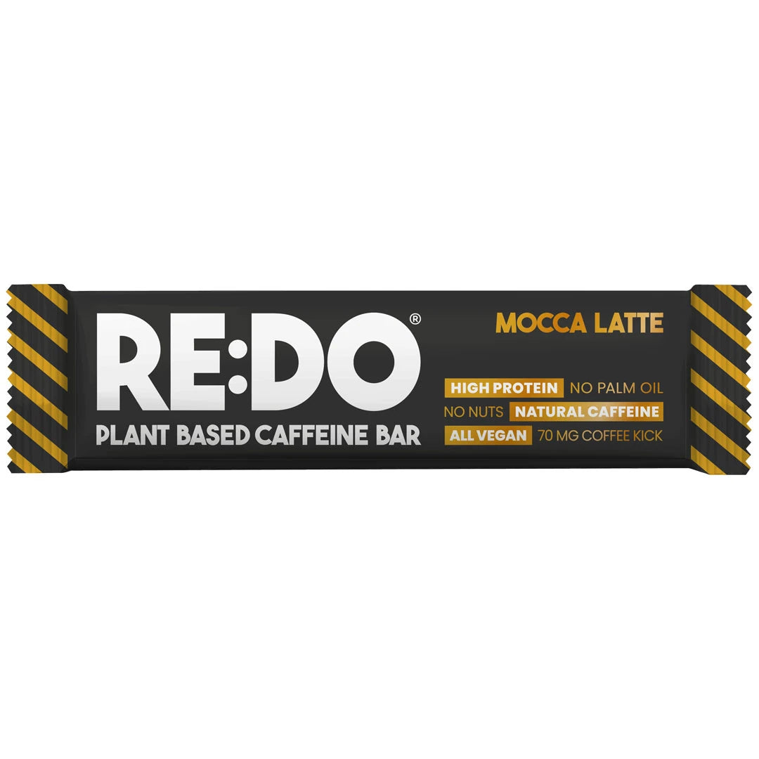 REDO Koffein Bar 60 g vegansk proteinbar i svart innpakning med gule detaljer og smaken Mocca Latte.