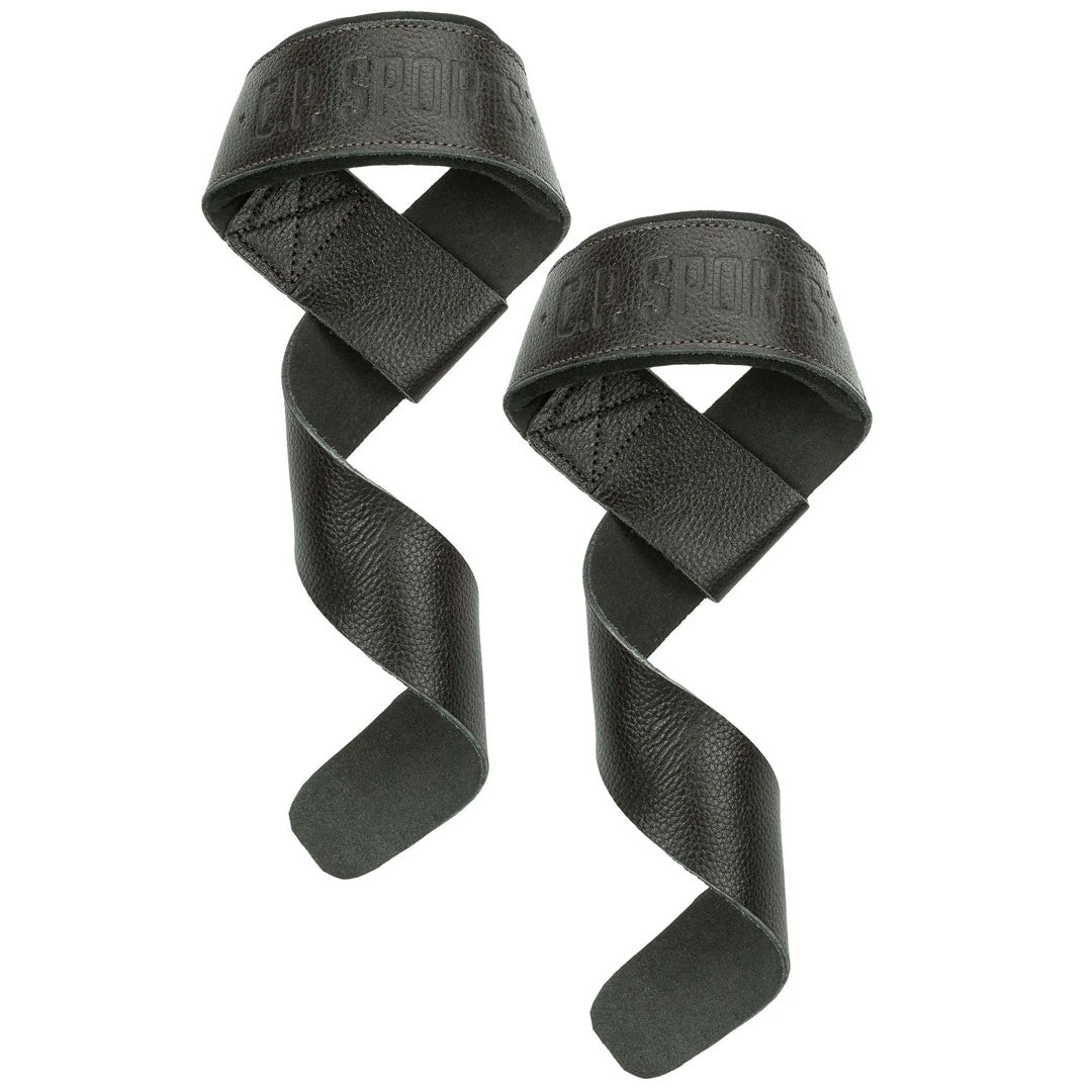 C.P. Sports Padded Leather Lifting Straps Brown, et par brune polstrede drareimer i skinn med preget logo.