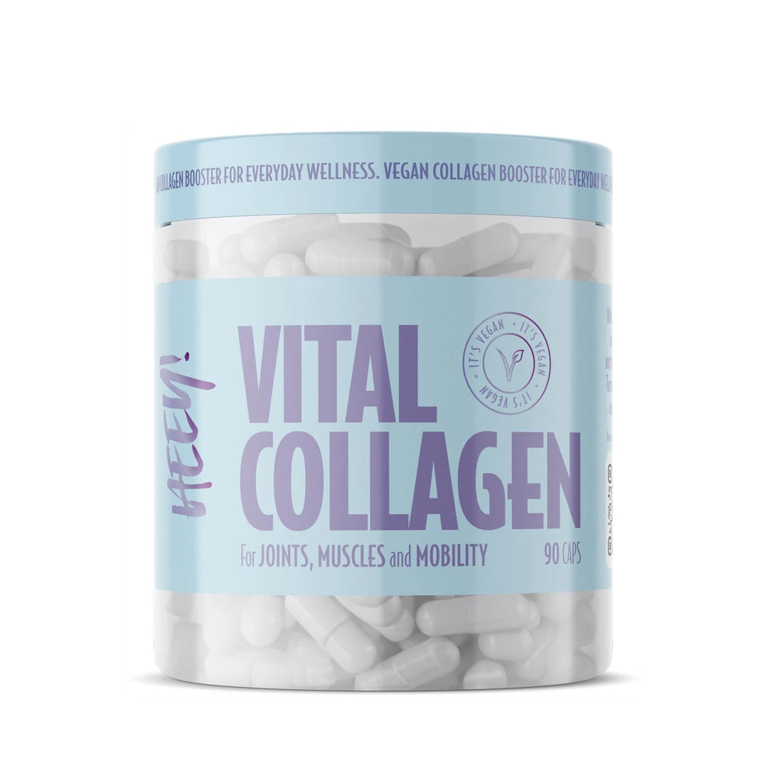Heey! Vital Collagen + Mineraler 90 kapsler i en gjennomsiktig boks med lyseblå etikett og lilla tekst.