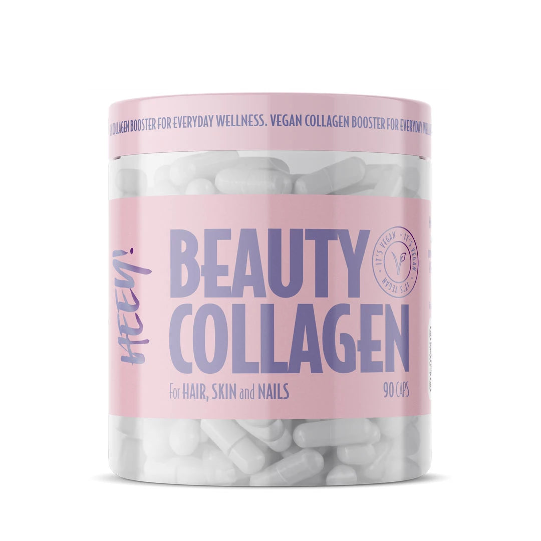 Heey! Beauty Collagen + Hyaluronsyre 90 caps i en gjennomsiktig boks med rosa etikett og hvite veganske kapsler.