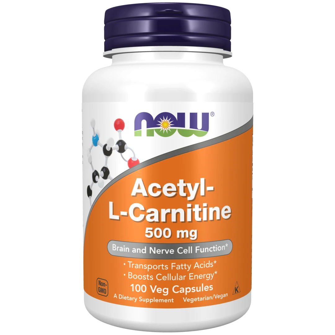 NOW Acetyl-L-Carnitine 500 mg 100 caps aminosyre i en hvit boks med oransje etikett og mørkeblått lokk.