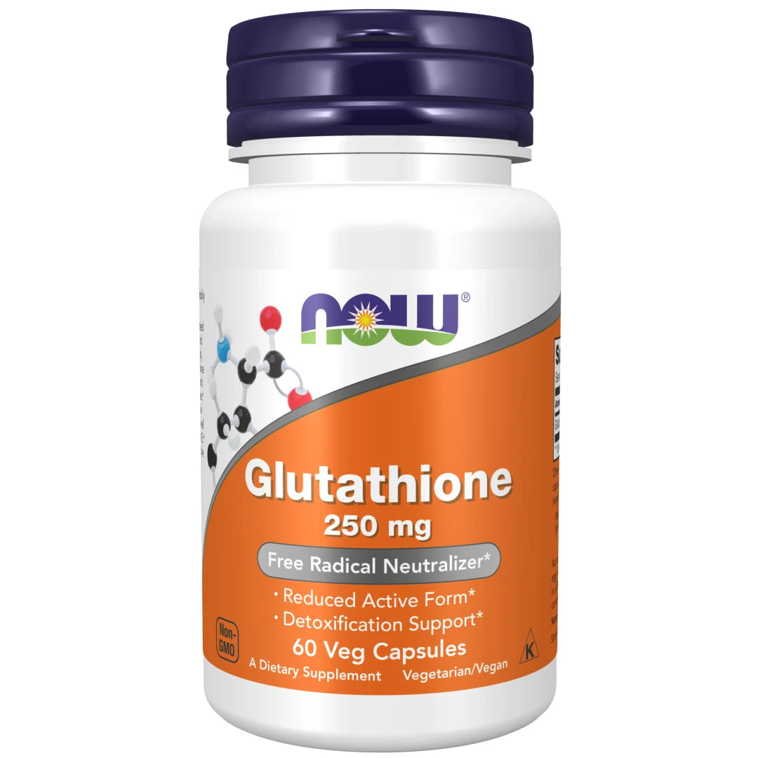NOW Glutathione 250 mg 60 caps i en hvit boks med lilla lokk og oransje etikett.