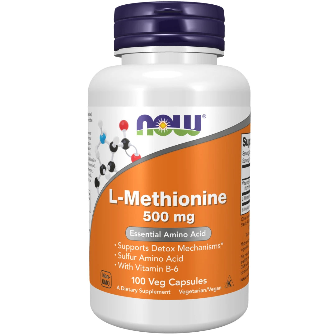 NOW L-Methionine 500 mg 100 caps, et vegansk kosttilskudd i en hvit boks med mørkeblått lokk og oransje etikett.