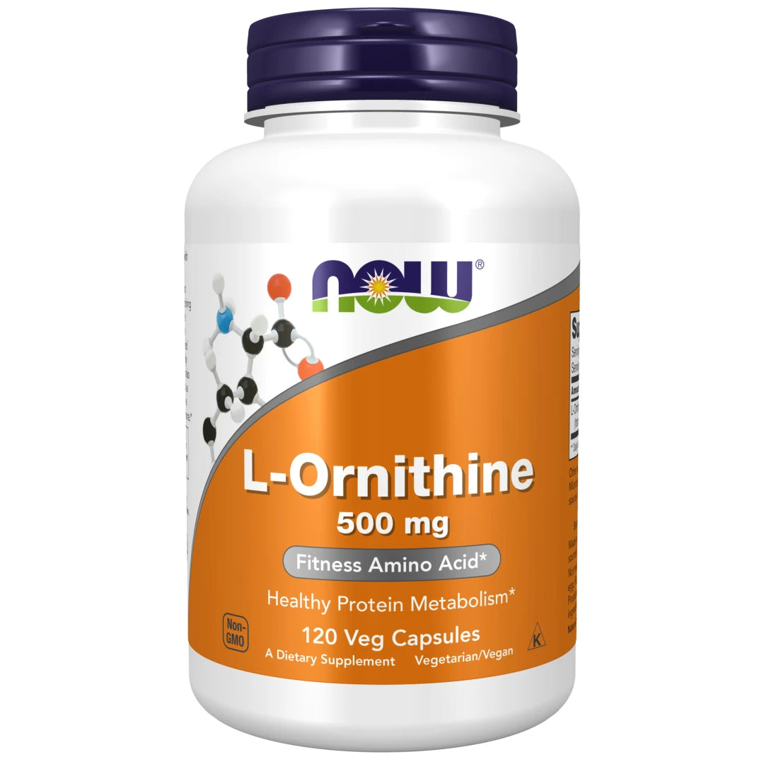 NOW L-Ornithine 500 mg 120 caps i en hvit boks med oransje etikett og et mørkelilla lokk.