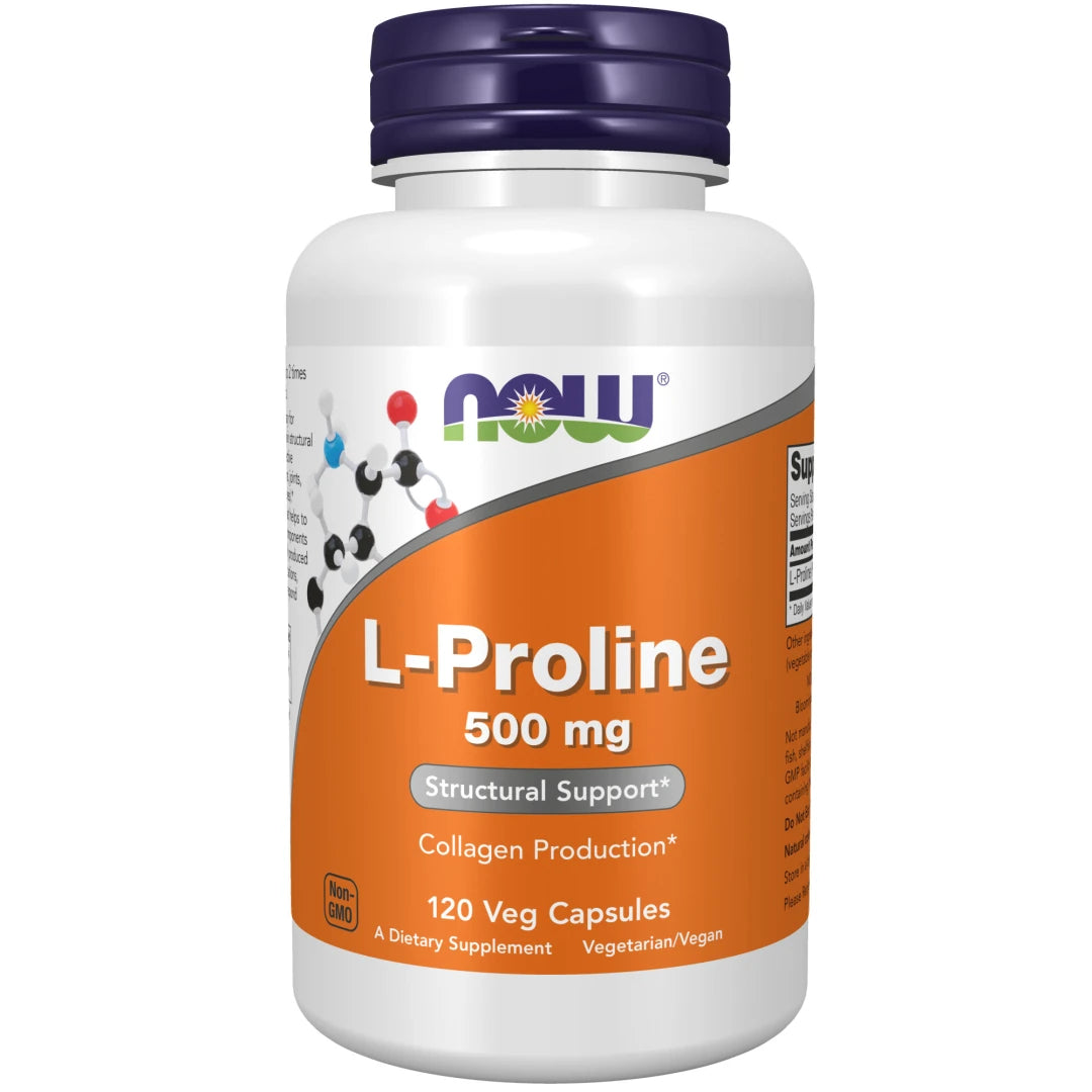 NOW L-Proline 500 mg 120 caps kosttilskudd i en hvit boks med oransje etikett og lilla lokk.