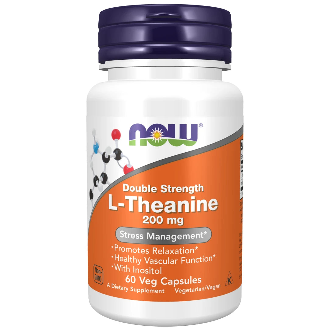 NOW L-Theanine 200 mg 60 caps i en hvit boks med lilla lokk og oransje etikett.