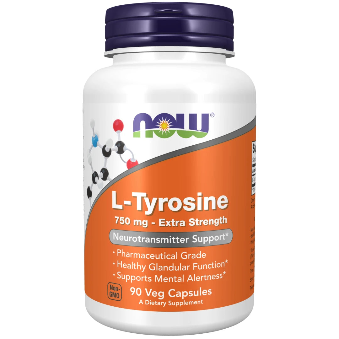 NOW L-Tyrosine 750 mg 90 caps pakket i en hvit boks med oransje etikett og mørkeblått lokk.