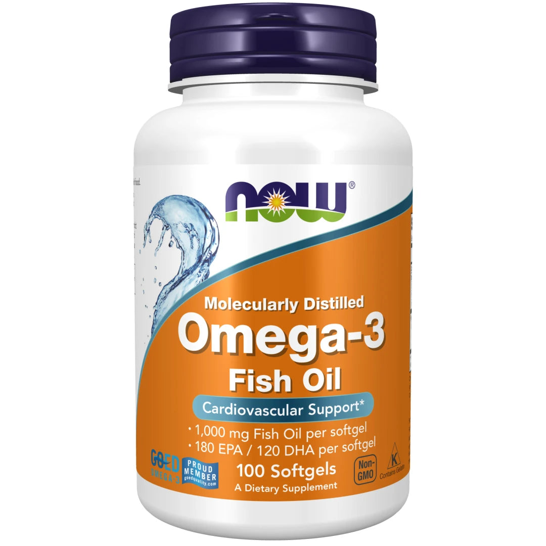NOW Omega-3 100 caps i en hvit plastboks med mørkeblått lokk og en tydelig oransje etikett.