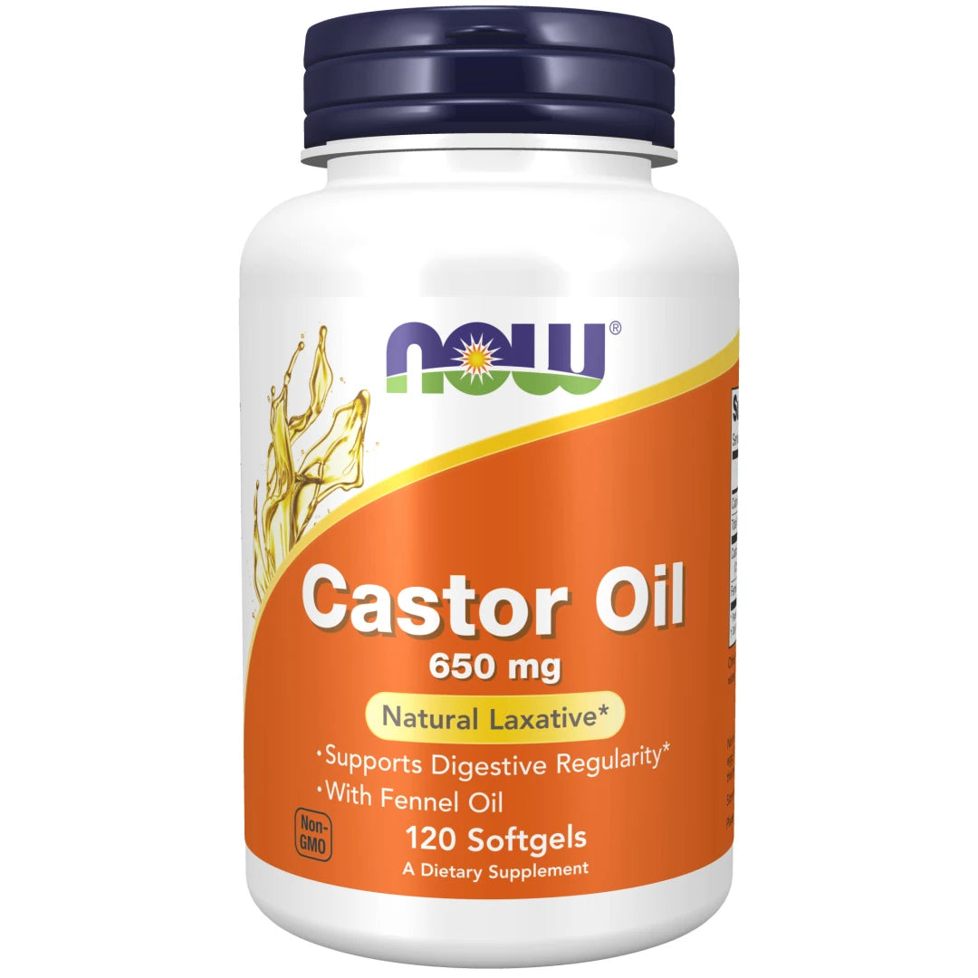 NOW Castor Oil 120 caps i en hvit boks med mørkeblått lokk og oransje etikett.