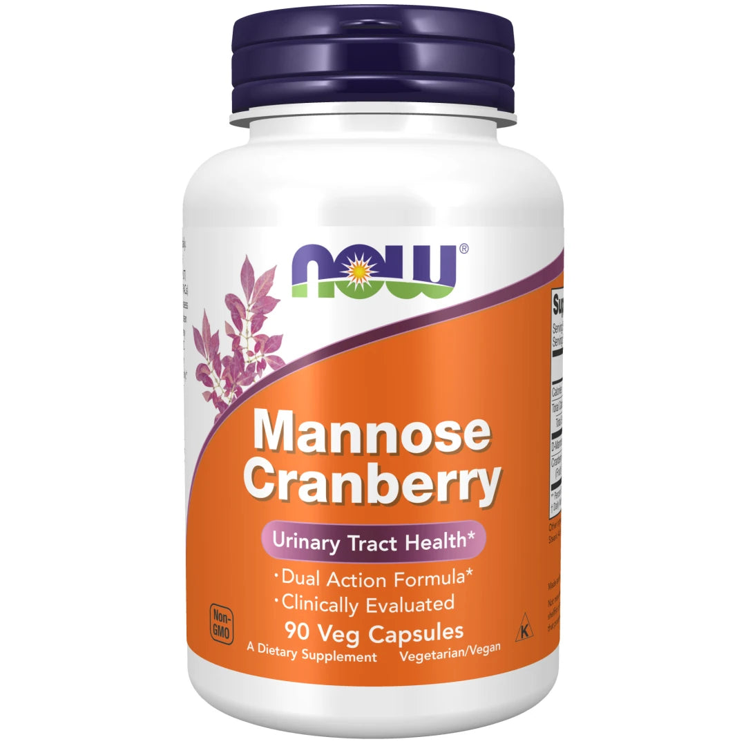 NOW Mannose Cranberry 90 caps kosttilskudd i en hvit boks med oransje etikett og mørkelilla lokk.