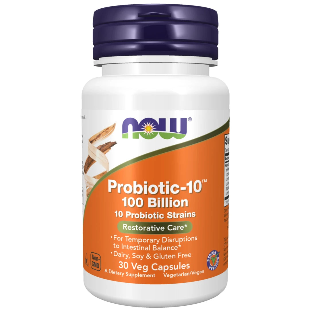 NOW Probiotic-10 100 billion 30 caps kosttilskudd i en hvit plastboks med mørkeblått lokk og oransje etikett.