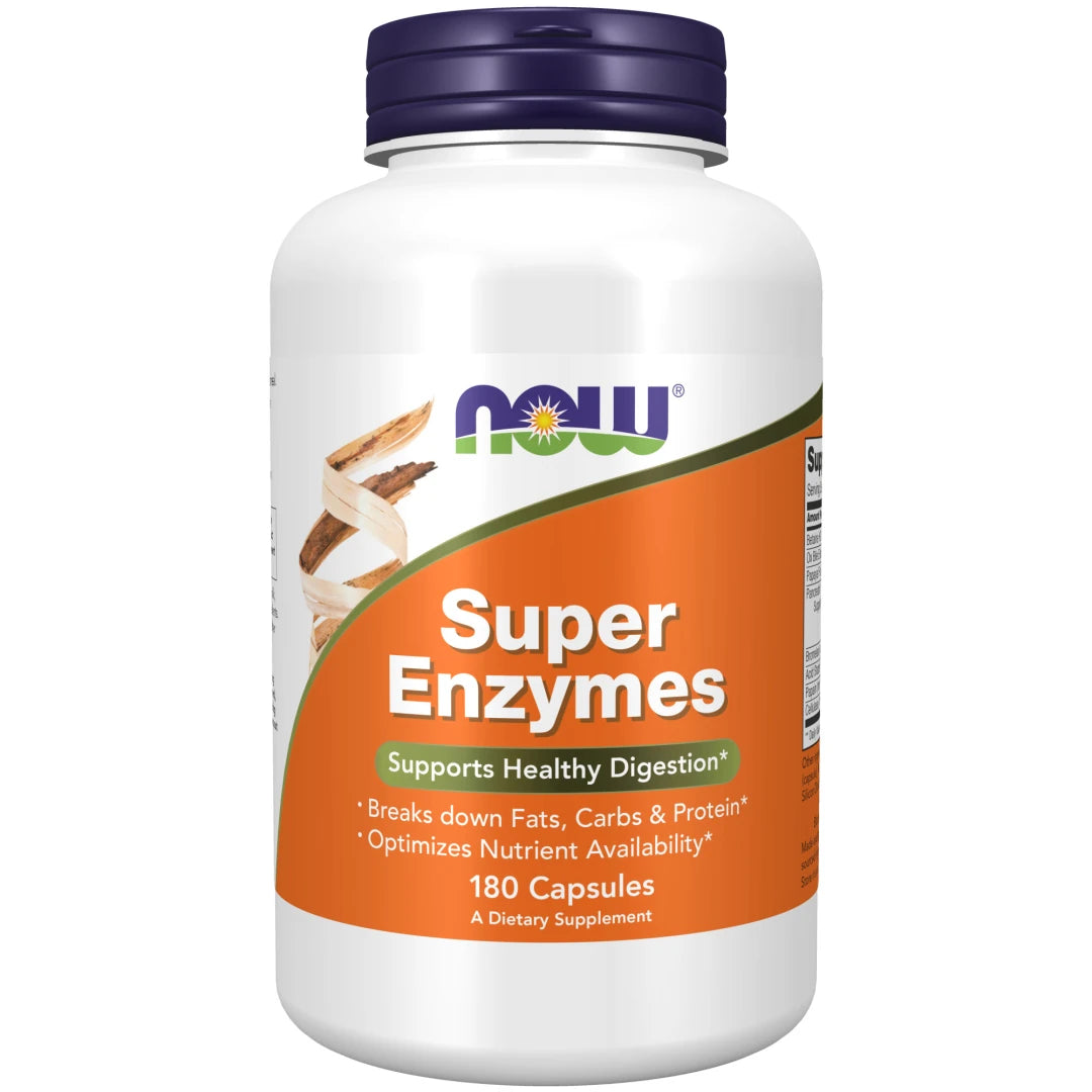 NOW Super Enzymes 180 caps i en hvit boks med oransje etikett og mørkeblått lokk.