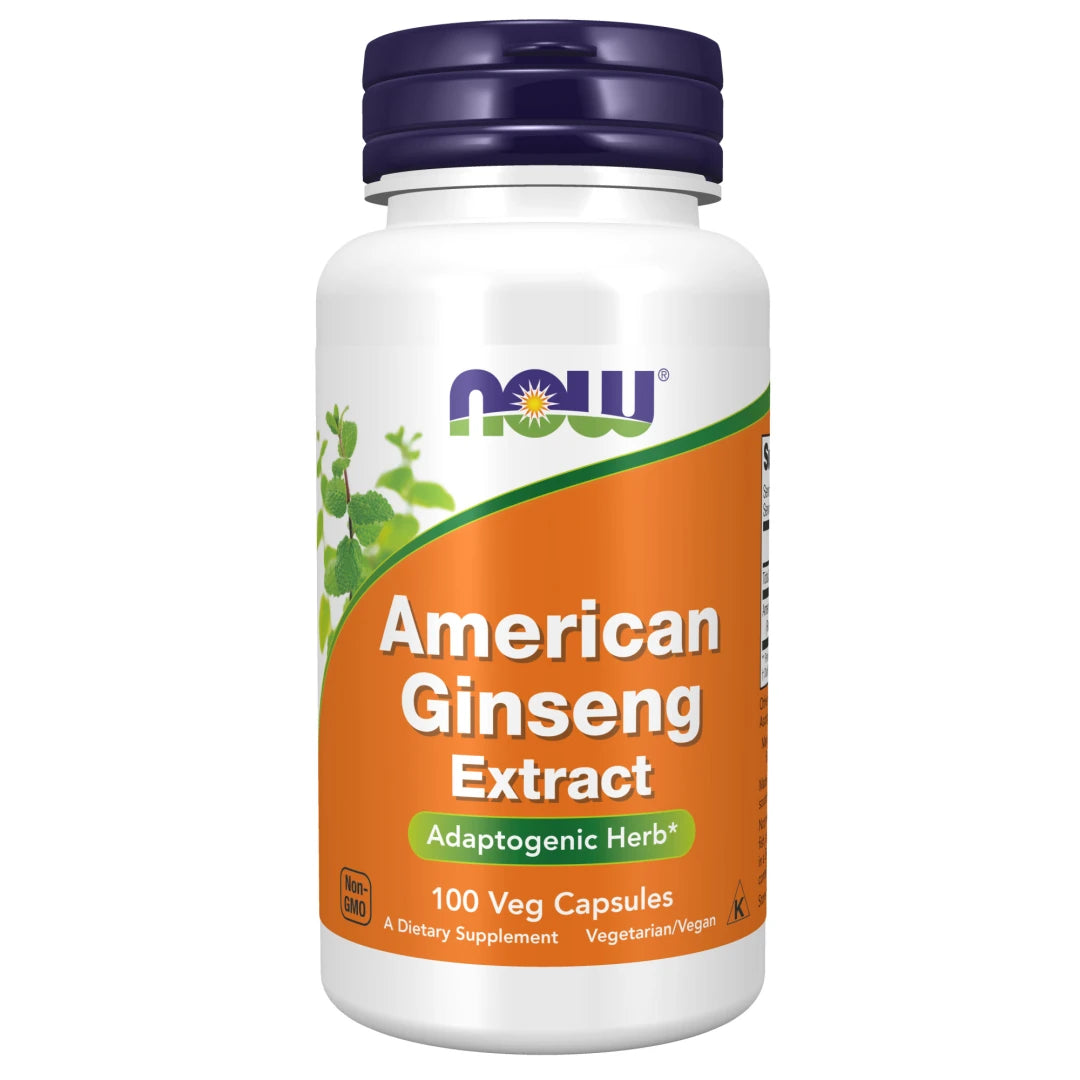 NOW American Ginseng 100 caps i en hvit boks med lilla lokk og oransje etikett.