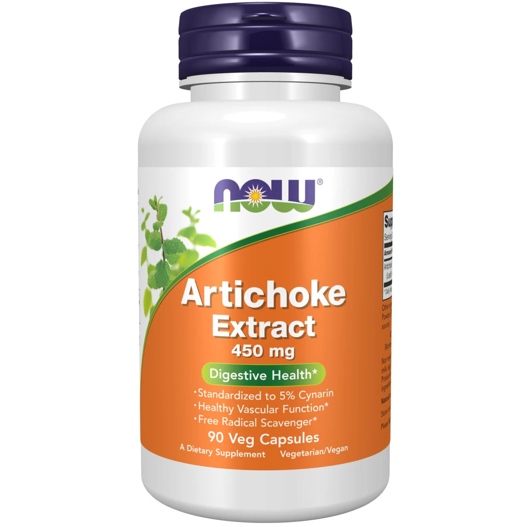 NOW Artichoke Extract 450 mg 90 caps kosttilskudd i en hvit boks med mørkeblått lokk og oransje etikett.