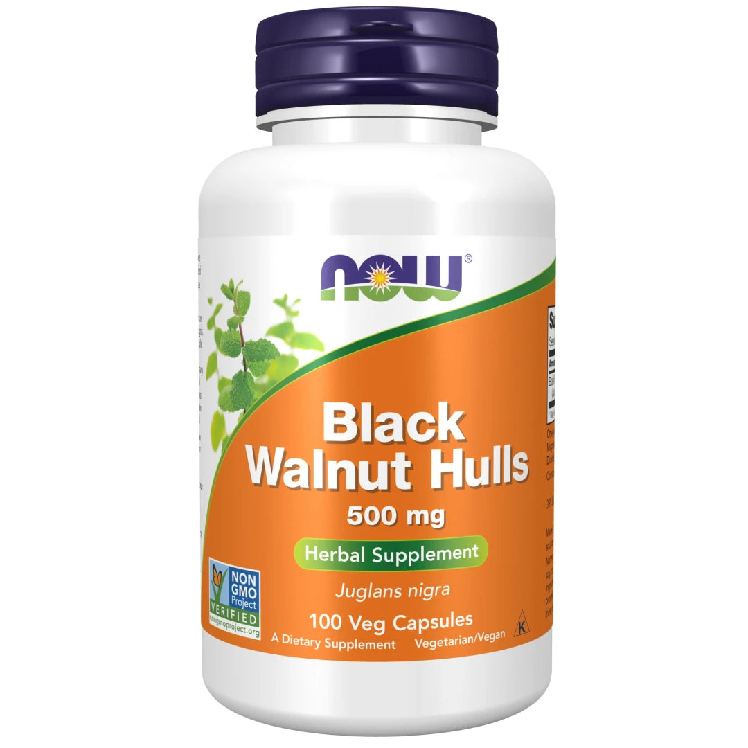 NOW Black Walnut Hulls 500 mg 100 caps i en hvit boks med oransje etikett og mørkelilla lokk.