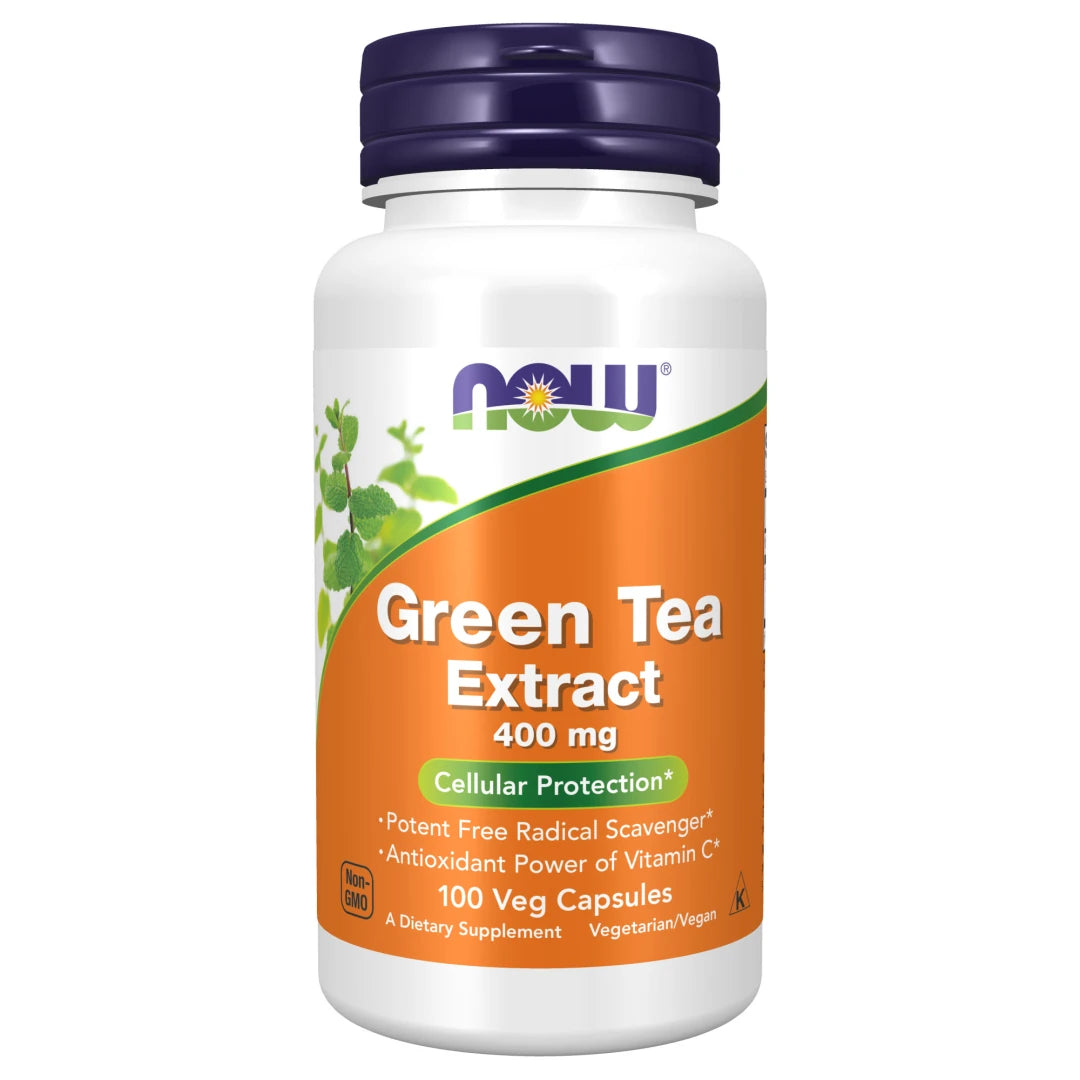 NOW Green Tea Extract 400 mg 100 caps kosttilskudd i en hvit boks med oransje etikett og mørkelilla lokk.