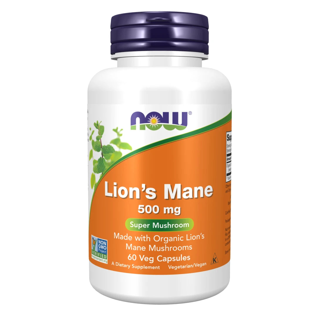 NOW Lions Mane 500 mg 60 caps i en hvit boks med oransje etikett og et mørkelilla lokk.