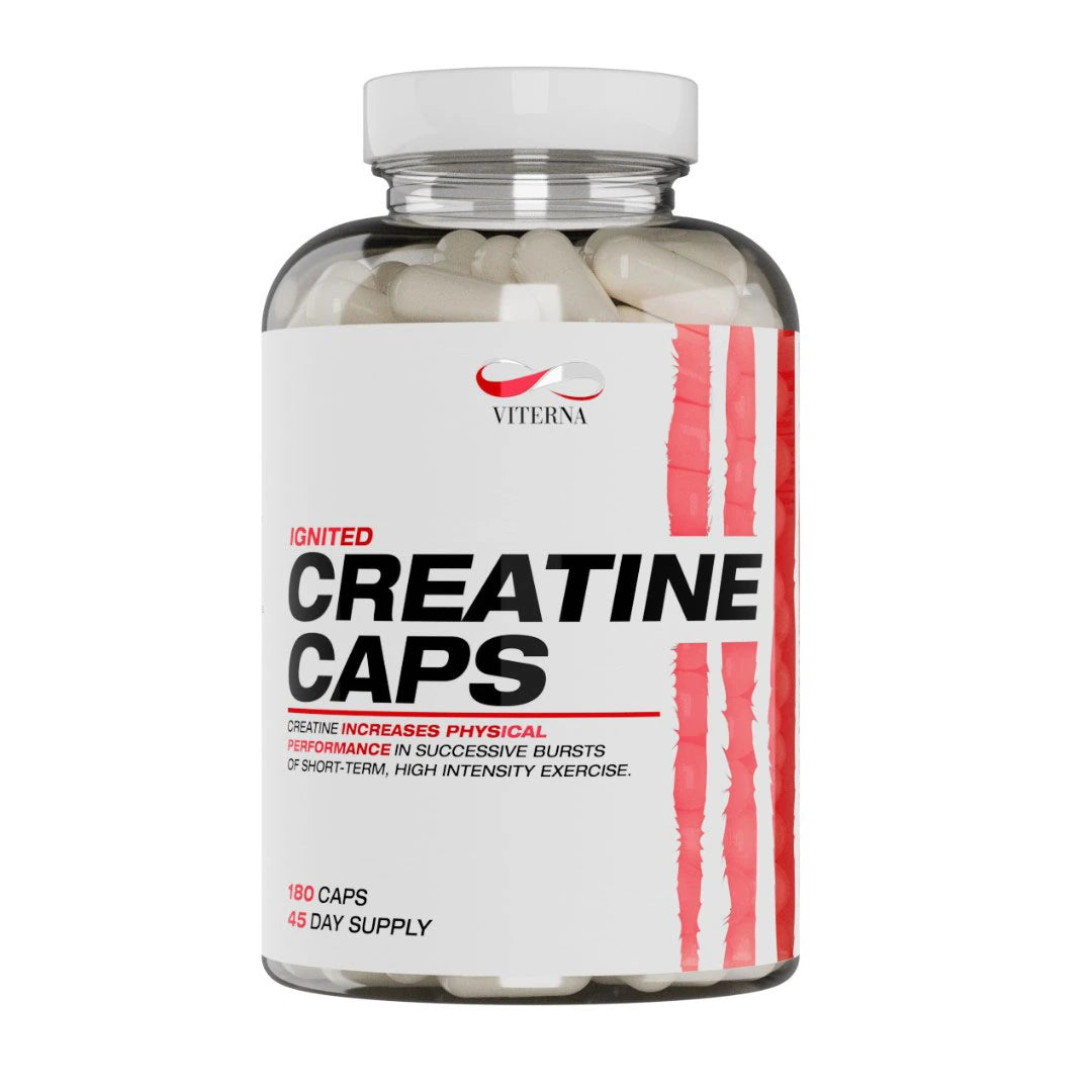 Viterna Ignited Creatine 180 caps, en transparent boks med hvite kapsler og en hvit etikett med røde grafiske detaljer.