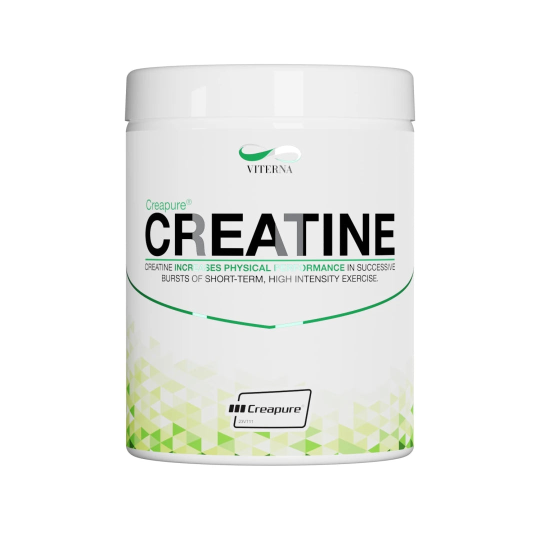 Viterna Creapure 300 g kreatinpulver i en hvit boks med grønne geometriske detaljer.