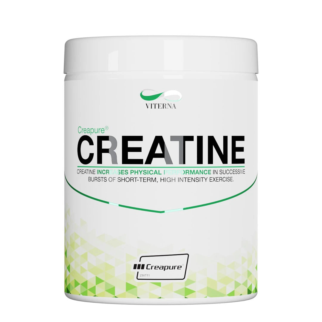 Viterna Creapure 500 g kreatinpulver i en hvit boks med grønt geometrisk mønster.