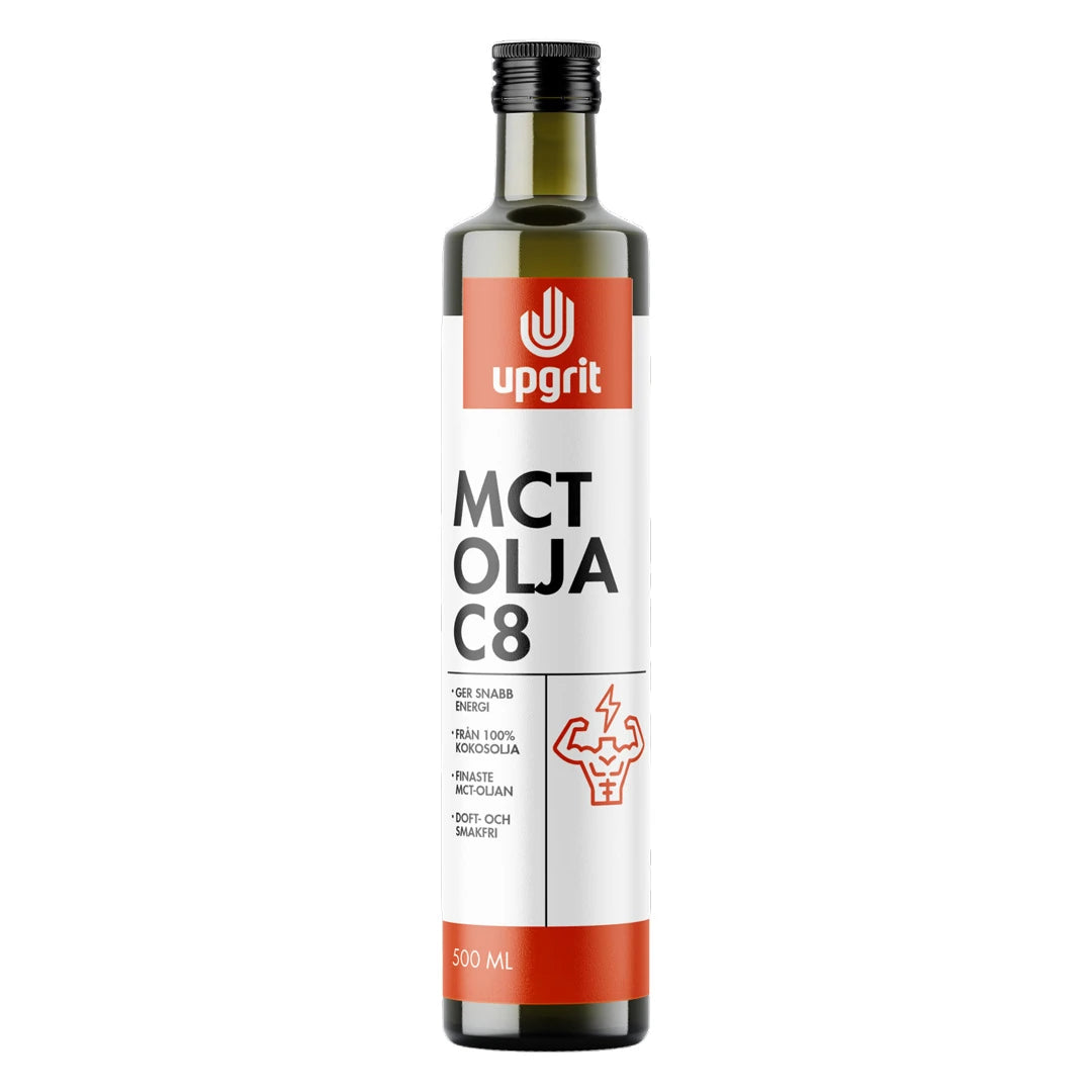 Upgrit C8 MCT-olje 500 ml i en mørk glassflaske med hvit etikett og oransje detaljer.