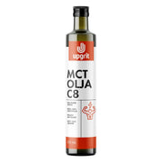 Upgrit C8 MCT-olja 500 ml i en mörk glasflaska med vit etikett och orange detaljer.
