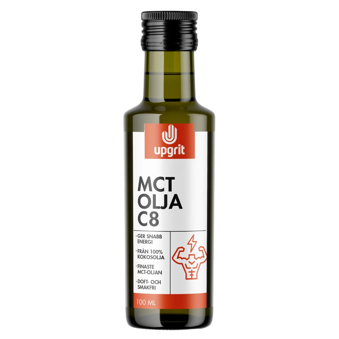 Upgrit C8 MCT-olje 100 ml pakket i en mørkegrønn glassflaske med hvit og oransje etikett.