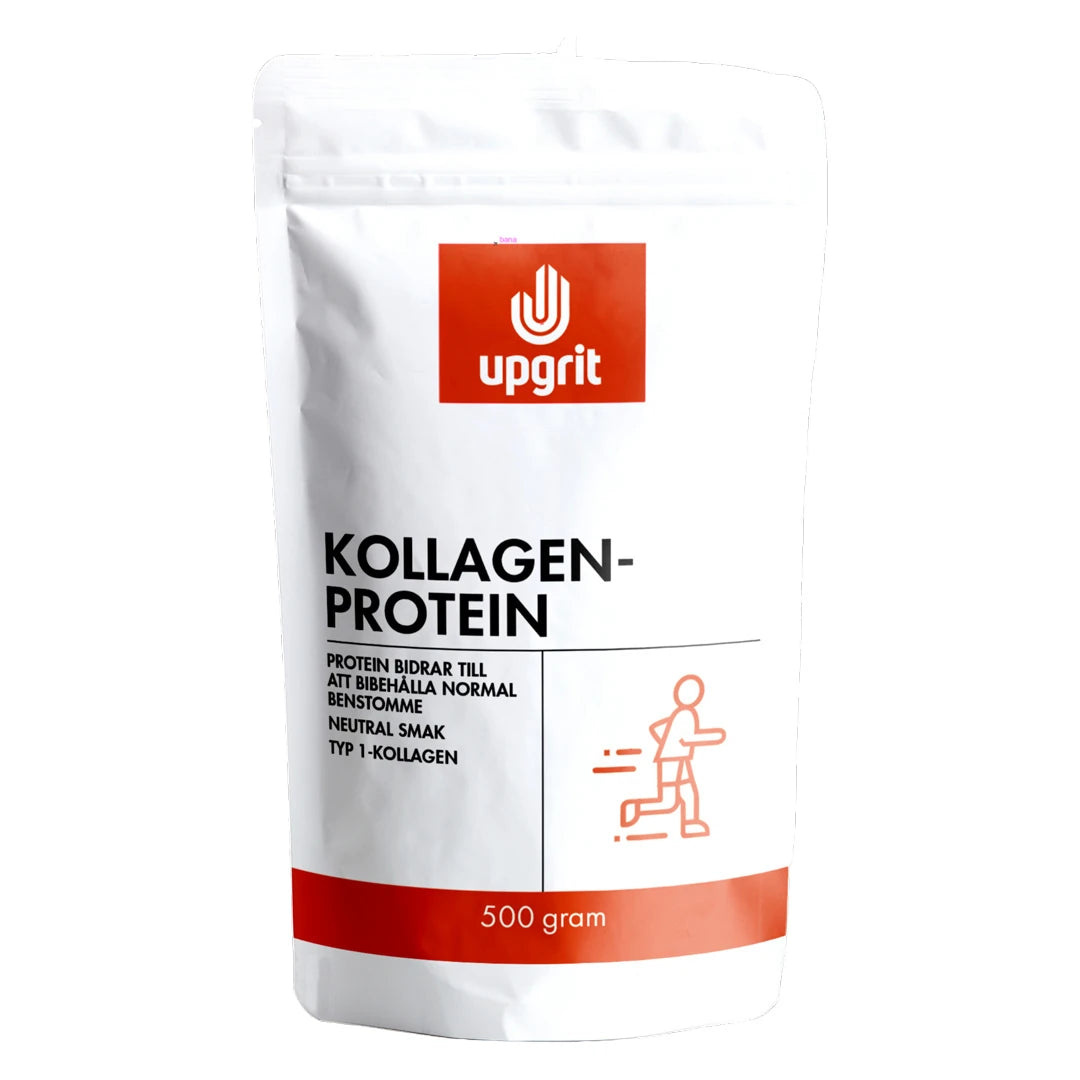 Upgrit Kollagenprotein 500 g med nøytral smak i en hvit pose med røde og svarte detaljer.