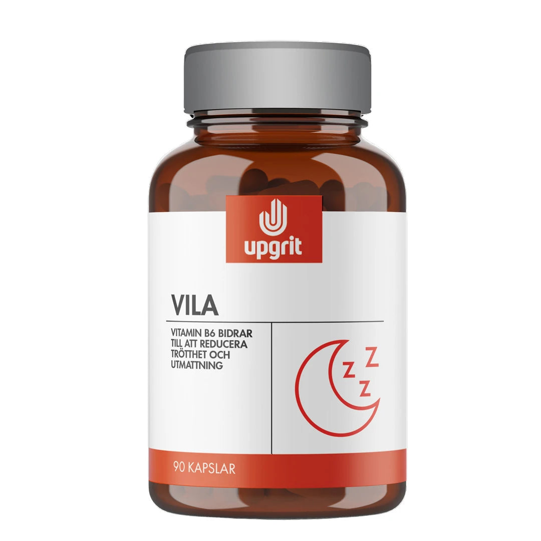 Upgrit Vila 90 caps kosttilskudd for restitusjon i en brun boks med sølvlokk og en hvit etikett med røde detaljer.
